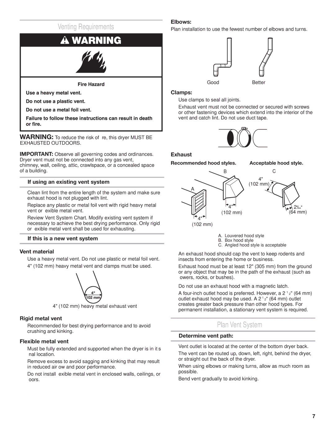 Whirlpool 3397627C installation instructions Venting Requirements, Plan Vent System 