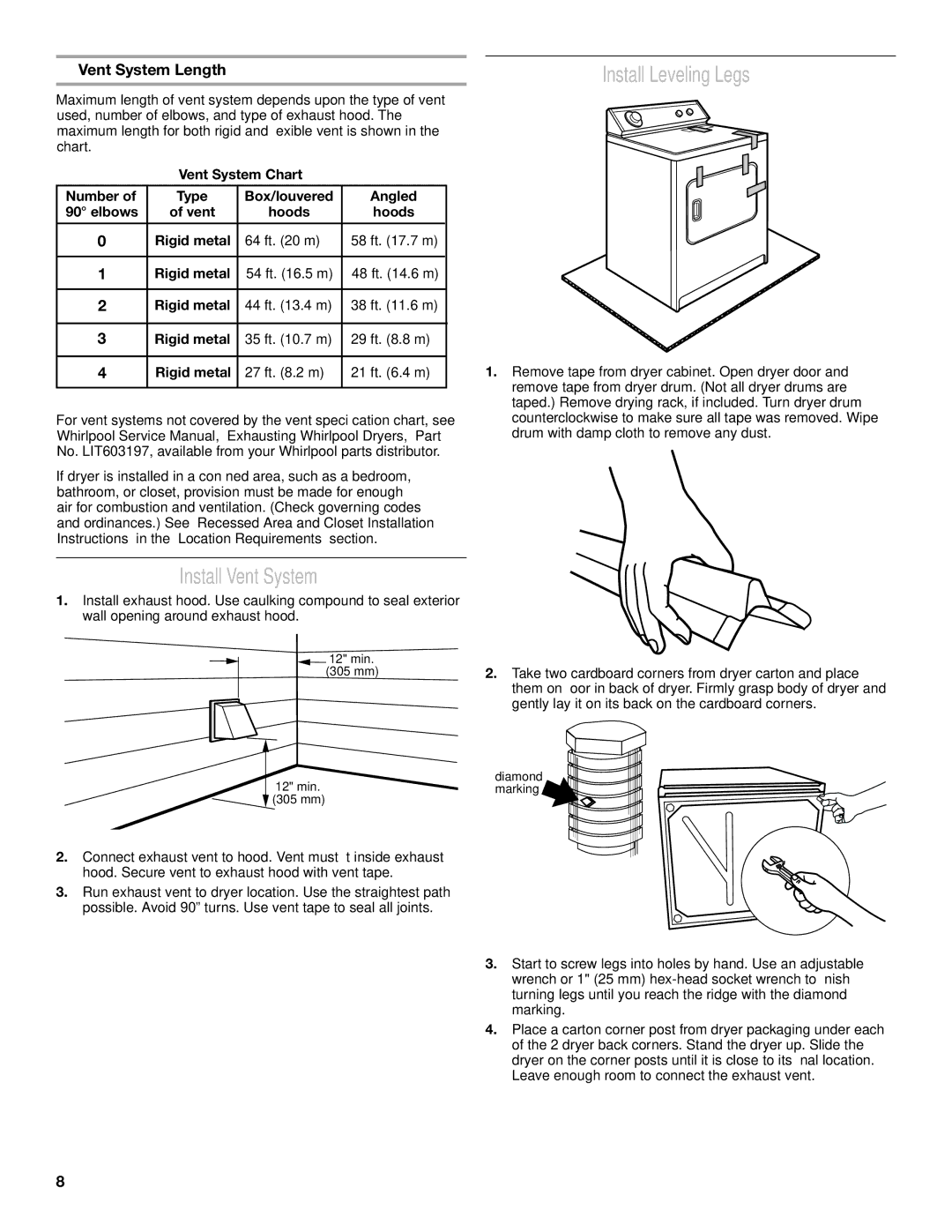 Whirlpool 3397627C installation instructions Install Vent System, Install Leveling Legs, Vent System Length 