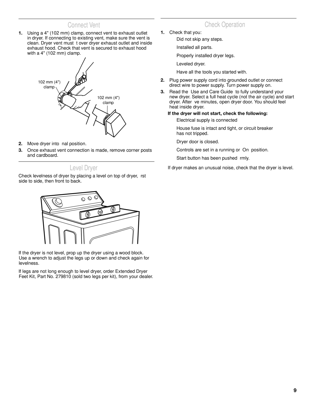 Whirlpool 3397627C installation instructions Connect Vent, Level Dryer, Check Operation 