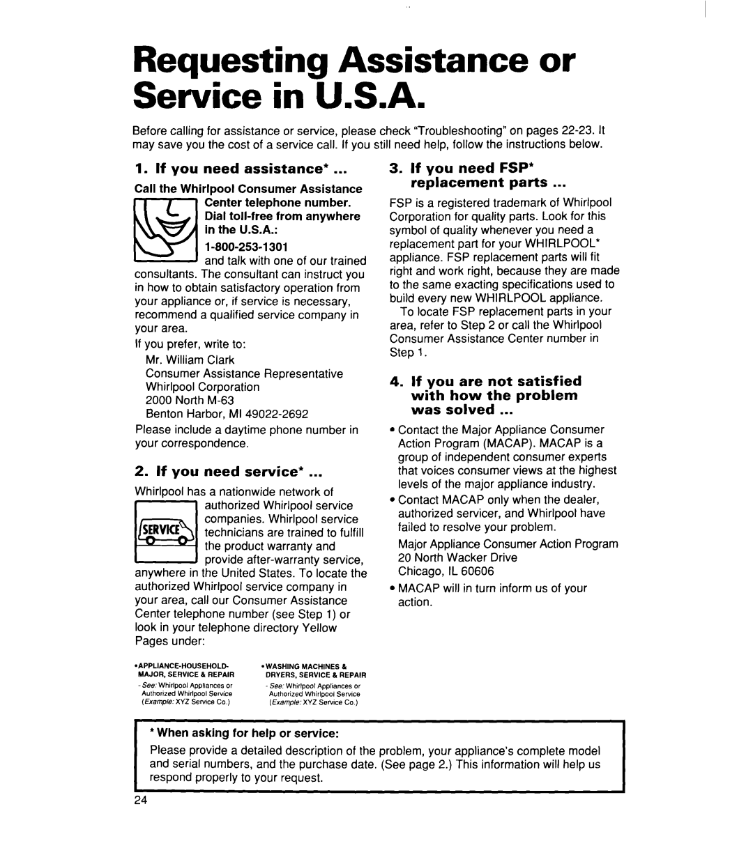 Whirlpool 340 1094 warranty Reauestina Assistance or Se&ice inTJ.S.AI, If you need assistance, If you need service 