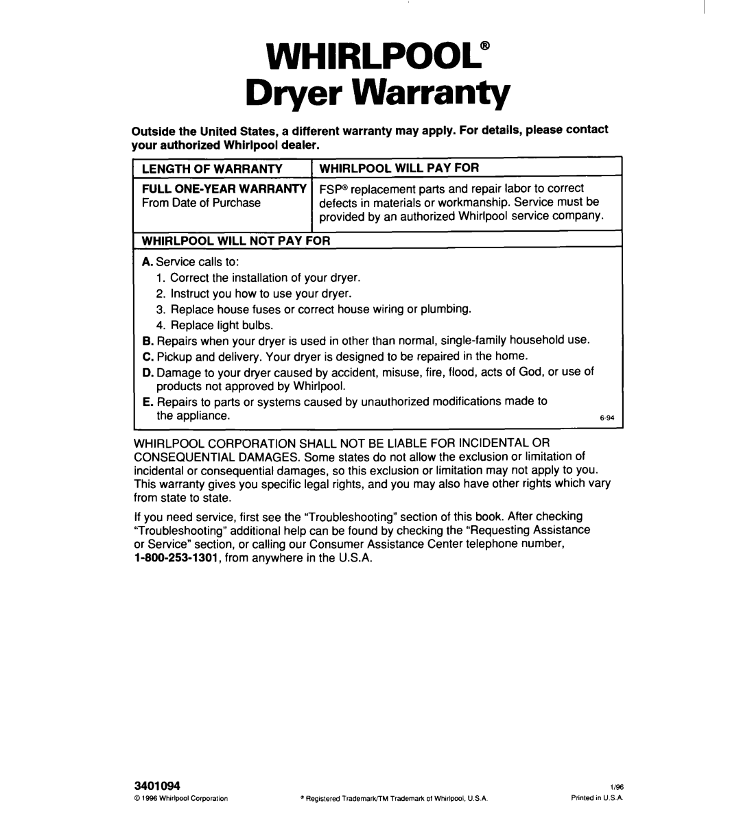 Whirlpool 340 1094 warranty Dryer Warranty, Length of Warranty, Whirlpool will PAY for, Whirlpool will not PAY for 