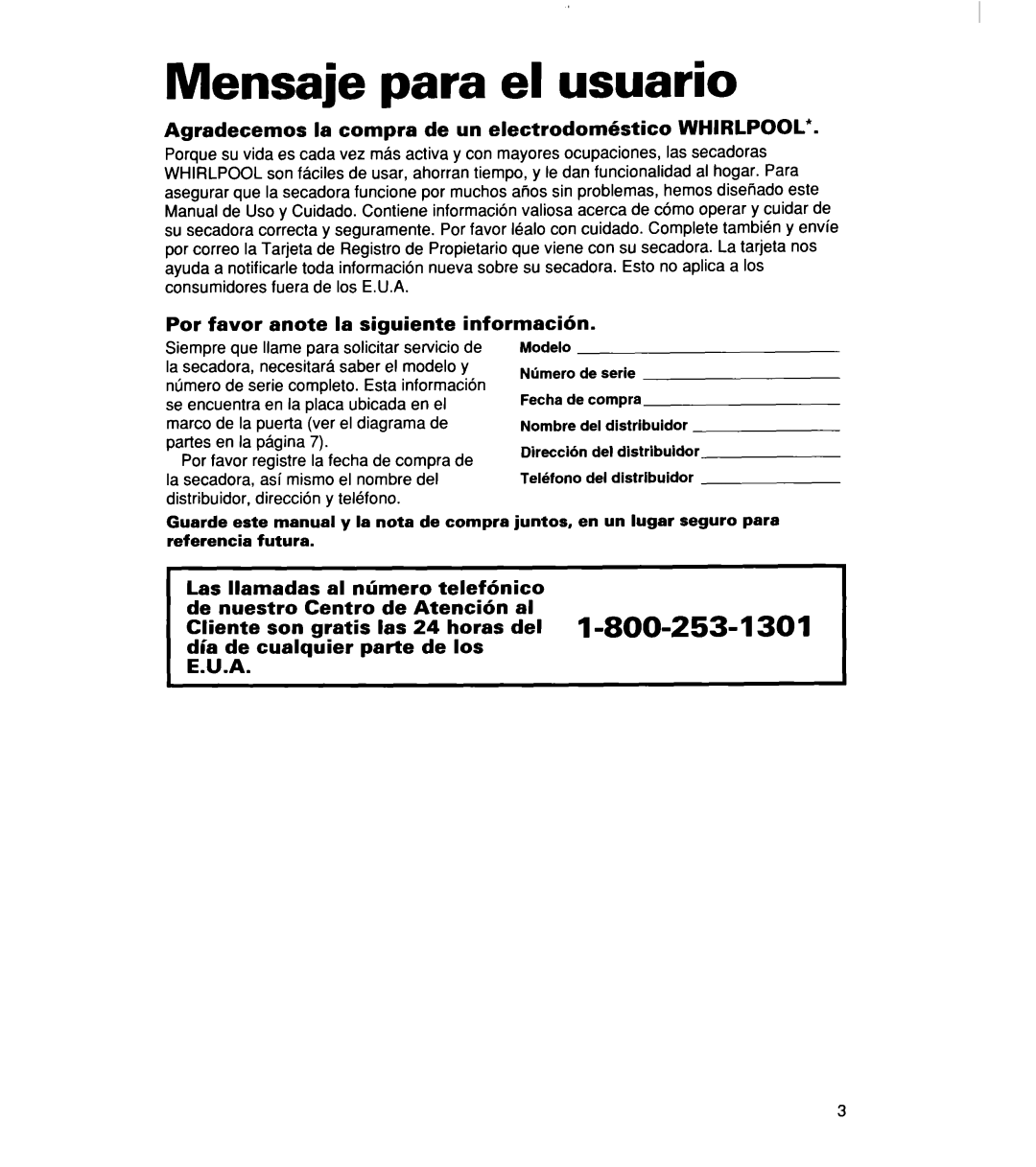 Whirlpool 340 1094 warranty El usuario 