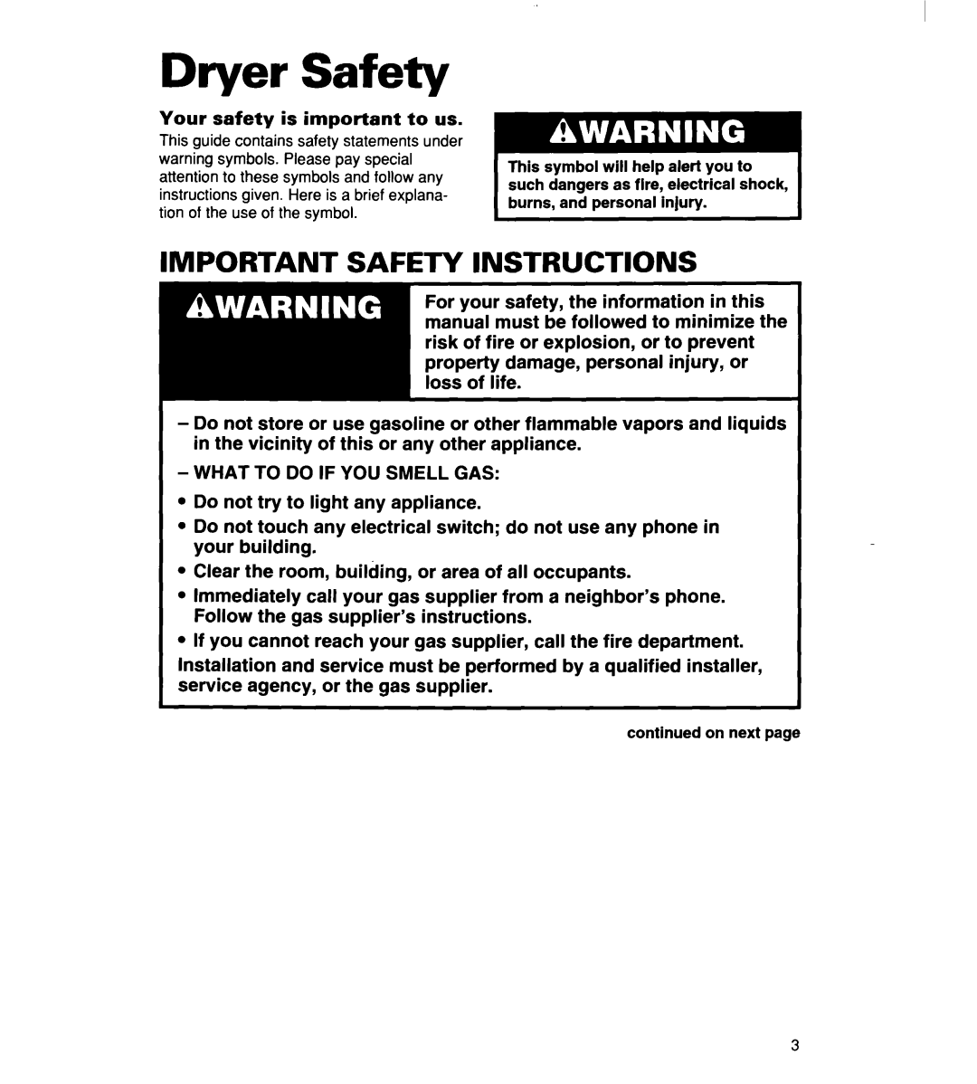 Whirlpool 340 1094 warranty Dryer Safety, Your safety is important to us 