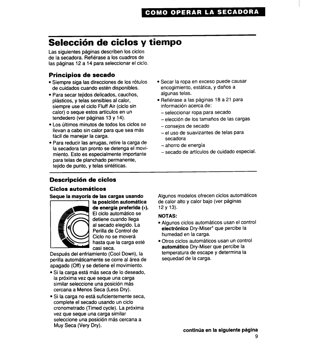 Whirlpool 340 1094 warranty Seleccib de ciclos y tiempo, Principios de secado, Descripcih de ciclos, Notas 