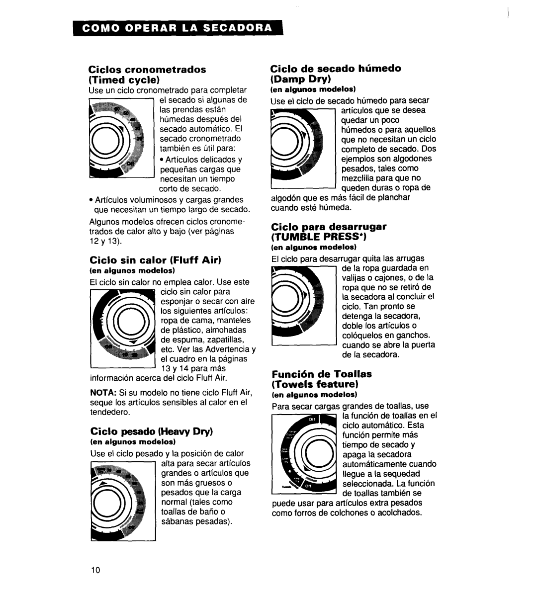 Whirlpool 340 1094 warranty Ciclo sin calor Fluff Air, Ciclo pesado Heavy Dry, Ciclo de secado htimedo Damp Dry 