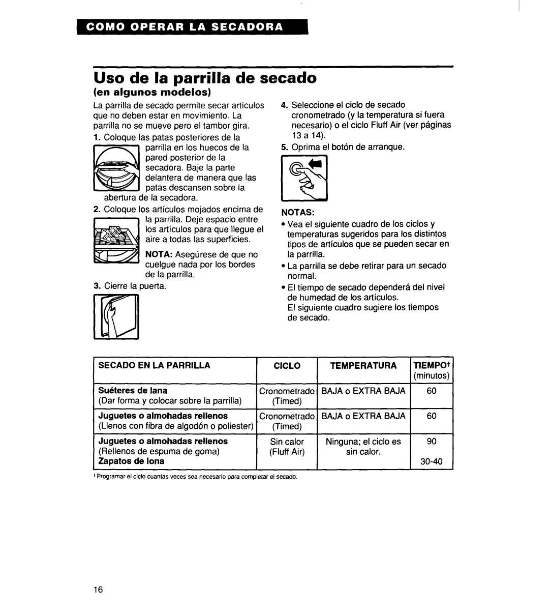 Whirlpool 340 1094 warranty Uso de la parrilla de secado, Secado EN LA Parrilla, Temperatura, Baja 