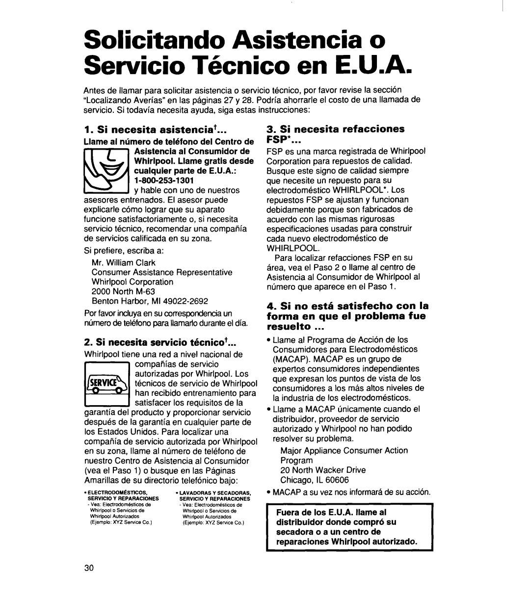 Whirlpool 340 1094 Solicitando Asistencia o Servicio Tknico en E.U.A, Si necesita asistencia+, Si necesita refacciones FSP 