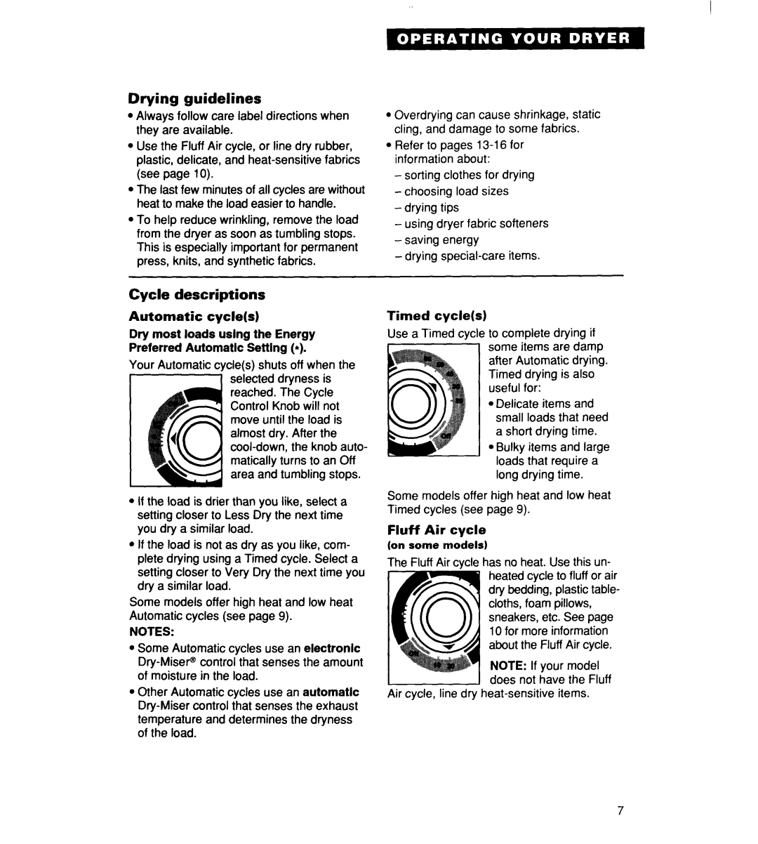 Whirlpool 340 1094 warranty Drying guidelines, Cycle descriptions Automatic cycles 