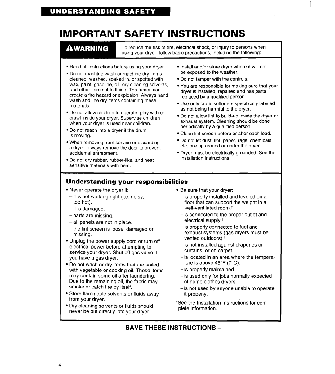 Whirlpool 3401011 warranty Important Safety Instructions, Understanding your responsibilities 