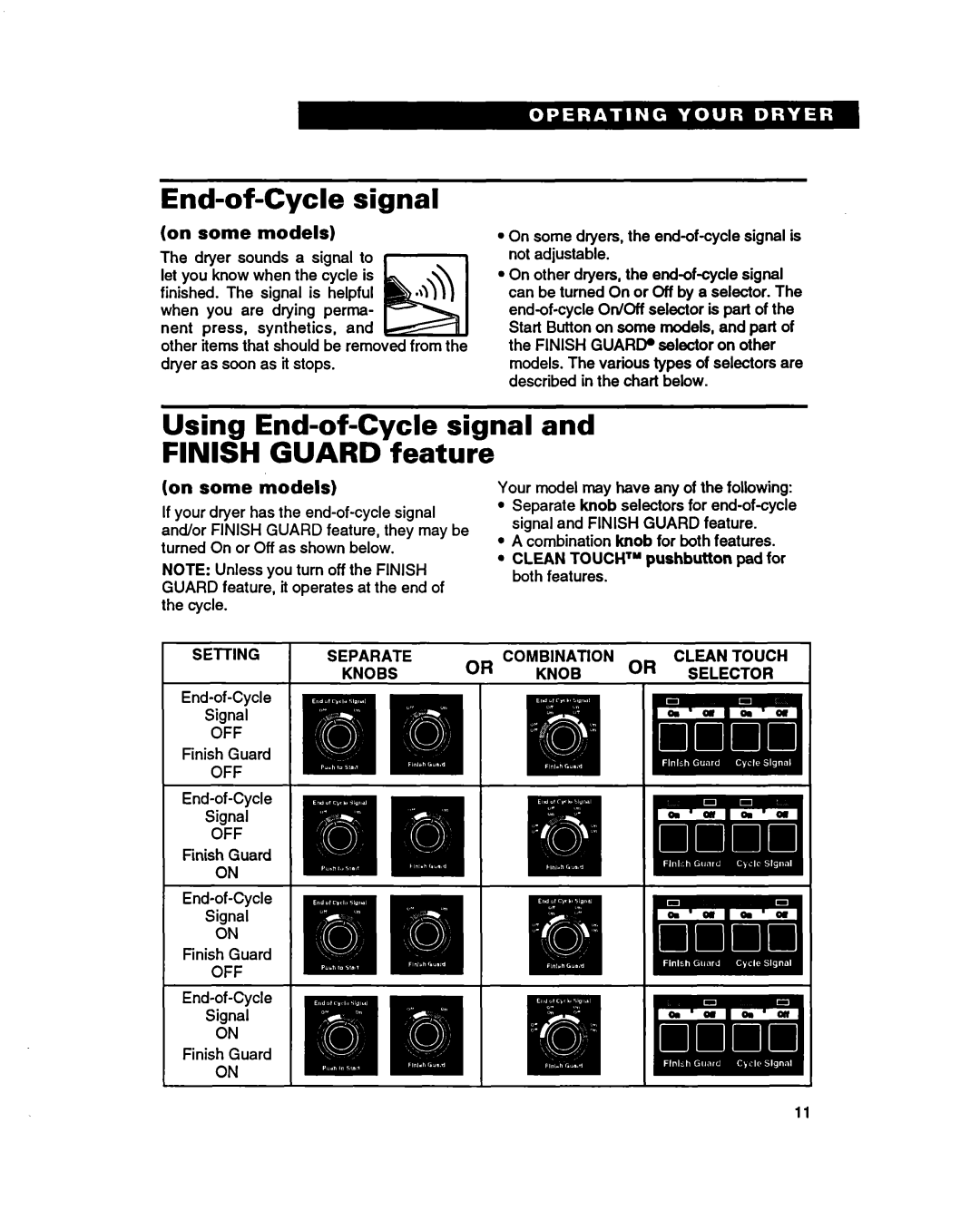 Whirlpool 3401086 warranty Using End-of-Cycle signal and Finish Guard feature, On some models 