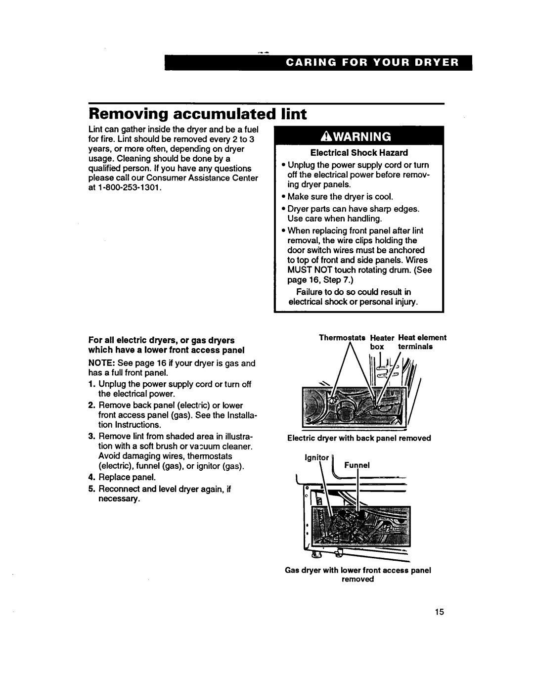 Whirlpool 3401086 warranty Removing accumulated, Lint, Electrical Shock Hazard 