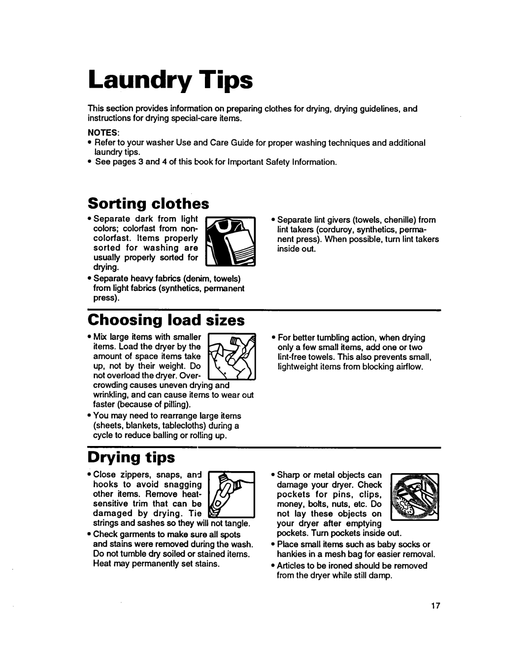 Whirlpool 3401086 warranty Laundry Tips, Sorting clothes, Choosing load sizes, Drying tips 