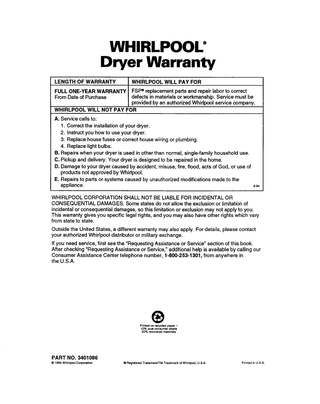 Whirlpool 3401086 warranty Length of Warranty, Whirlpool will PAY for, Whirlpool will not PAY F6R 