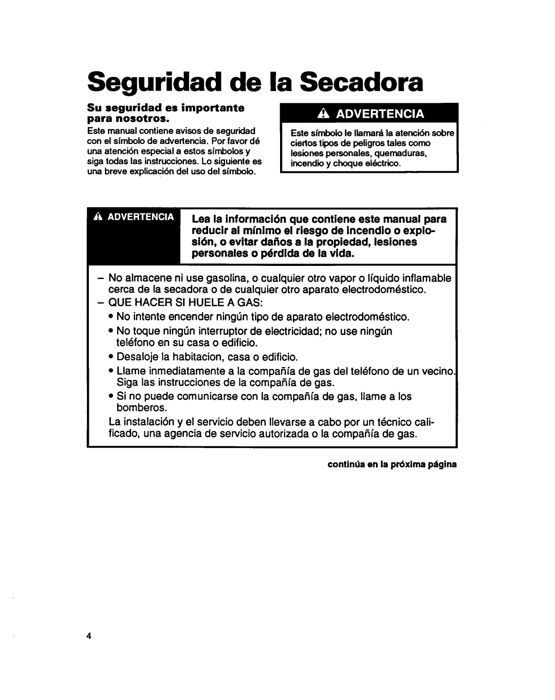 Whirlpool 3401086 warranty Seguridad de La Secadora, Seguridad es importante, Nosotros, Contintia en la ptixima pagina 