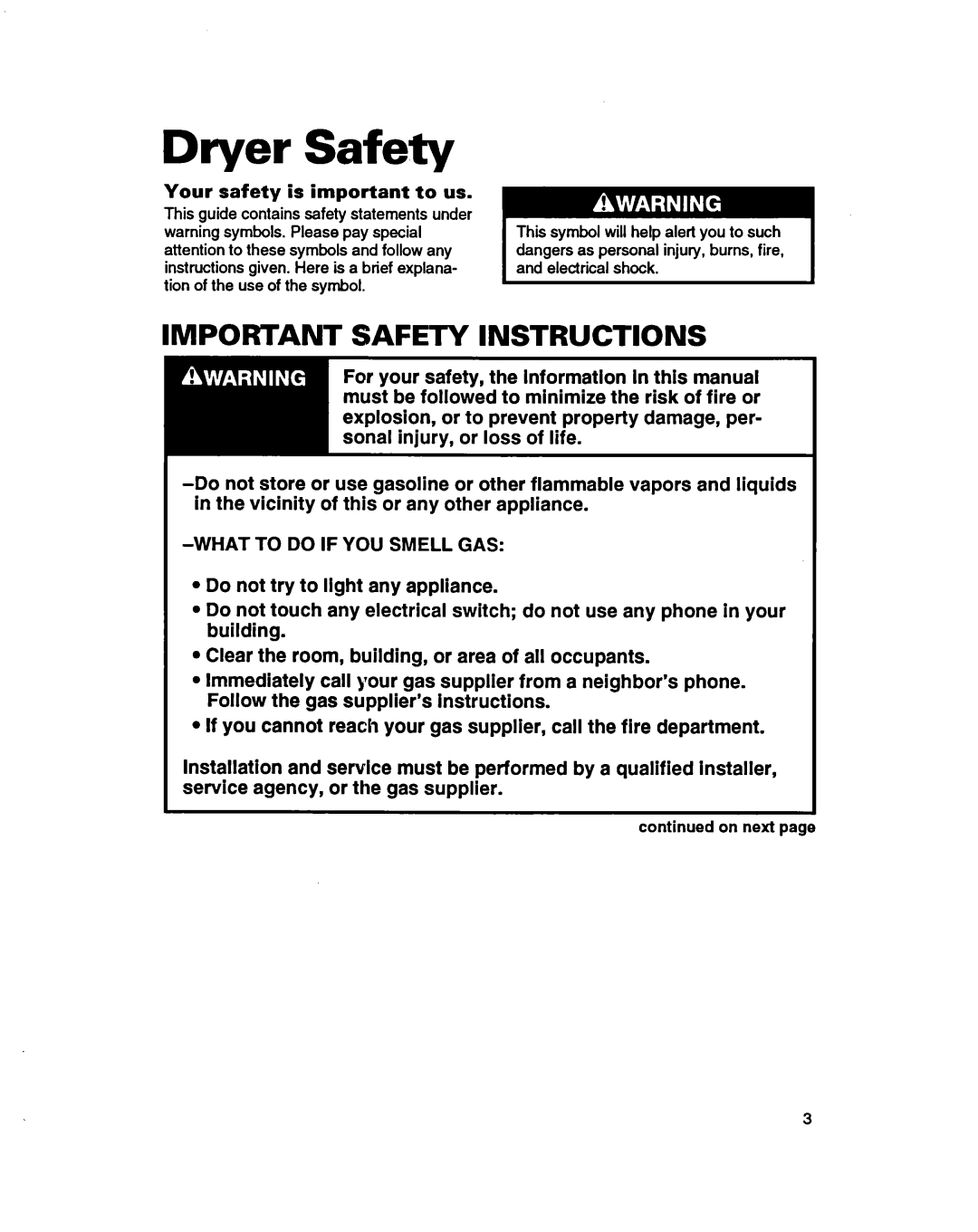 Whirlpool 3401086 warranty Dryer Safety, Your safety is important to us, On next 