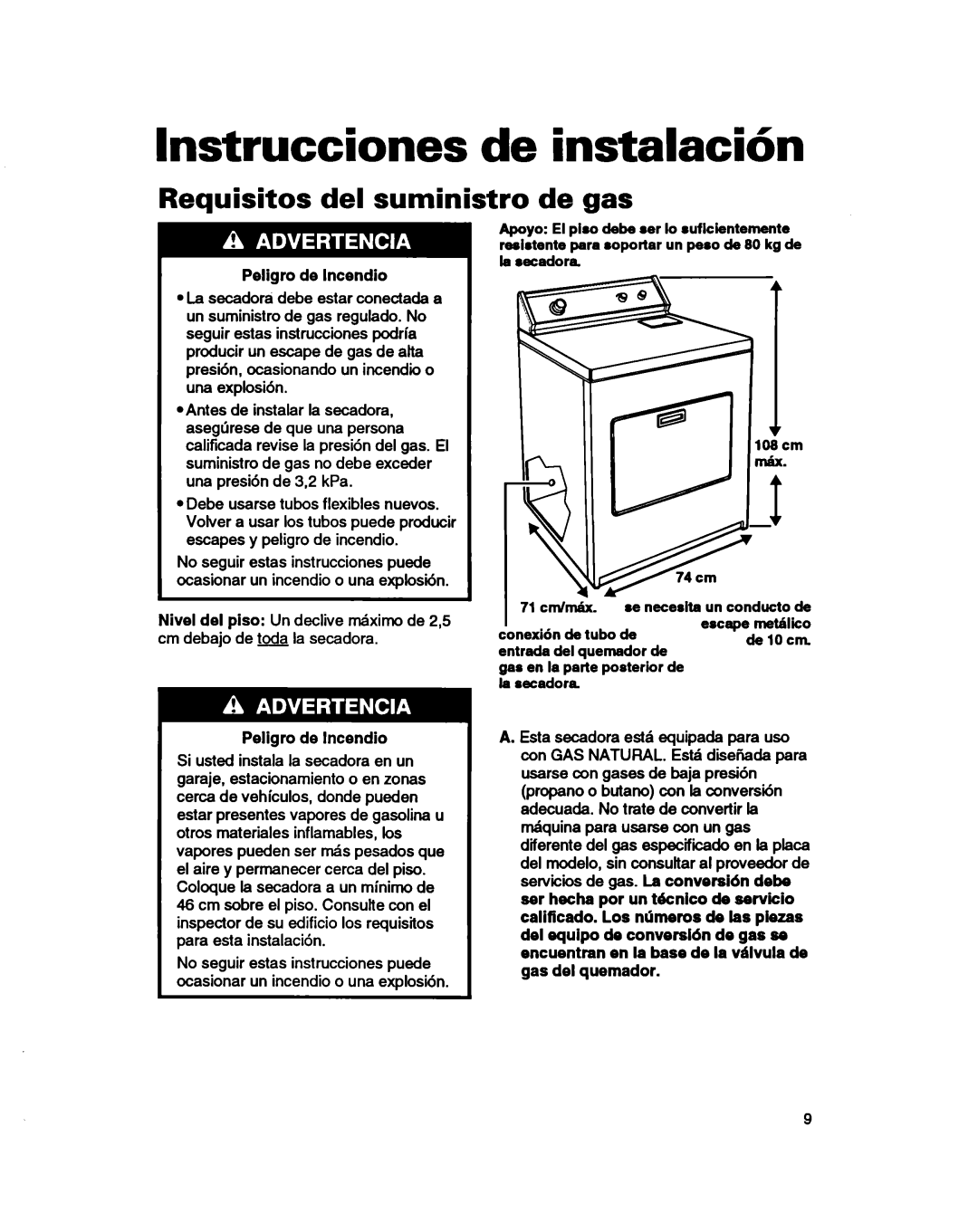 Whirlpool 3401086 warranty Lnstrucciones de instalacibn, Requisitos del suministro de gas, Peligro de lncendio 