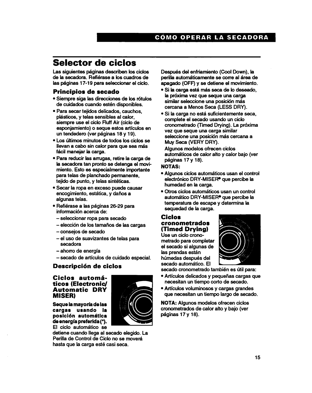 Whirlpool 3401086 warranty Selector de ciclos, Principios de secado, Ciclos cronometrados Timed Drying, Notas 