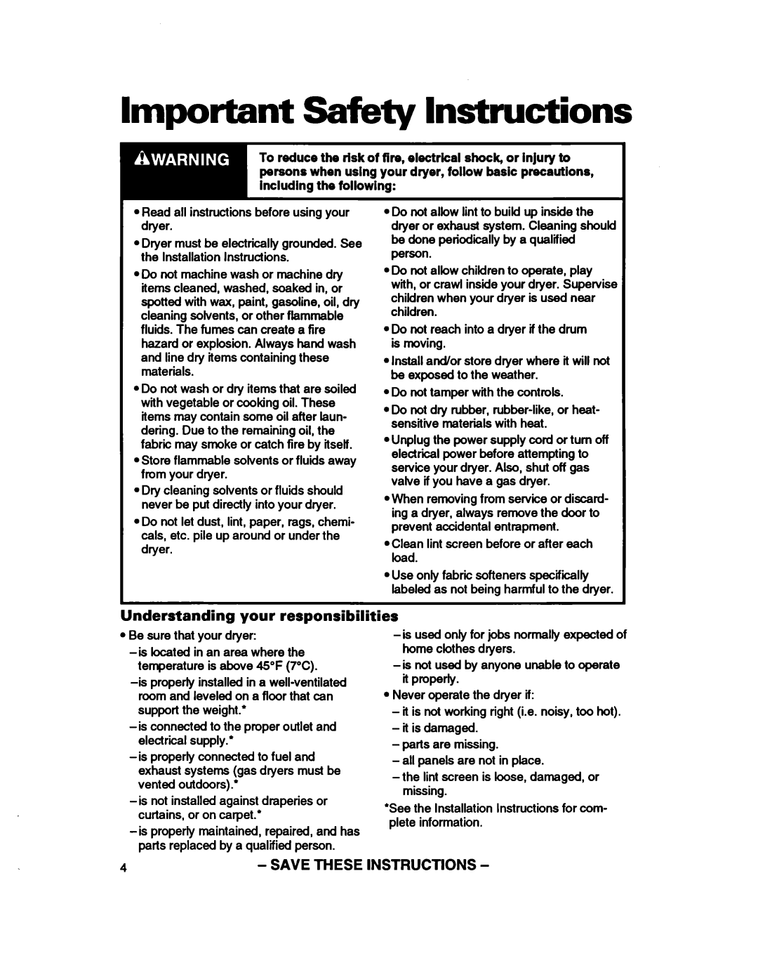 Whirlpool 3401086 warranty Important Safety Instructions, Understanding your responsibilities 