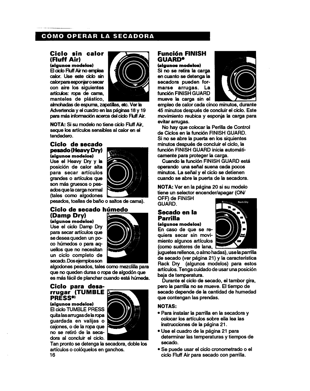 Whirlpool 3401086 warranty Ciclo Sin Calor Fluff Air, Ciclo de secado p=doHeavyDly, Ciclo de secado htimedo Damp Dry 