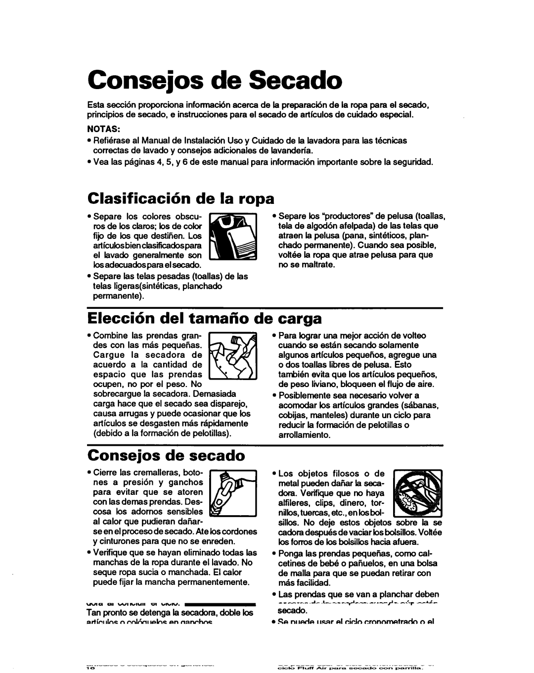 Whirlpool 3401086 warranty Consejos de Secado, Clasificacihn de la ropa, Eleccih del tamafio de carga, Consejos de secado 