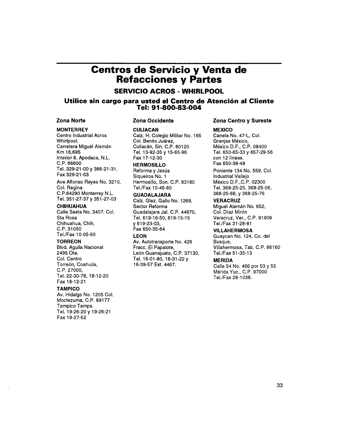 Whirlpool 3401086 warranty Centros de Servicio y Venta de Refacciones y Partes, Servicio Acros Whirlpool 