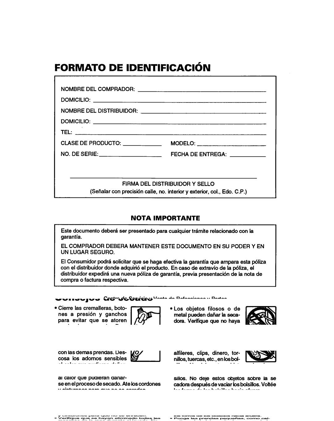 Whirlpool 3401086 warranty FORMAT0 DE IDENTIFICACIdN, Nota Importante 