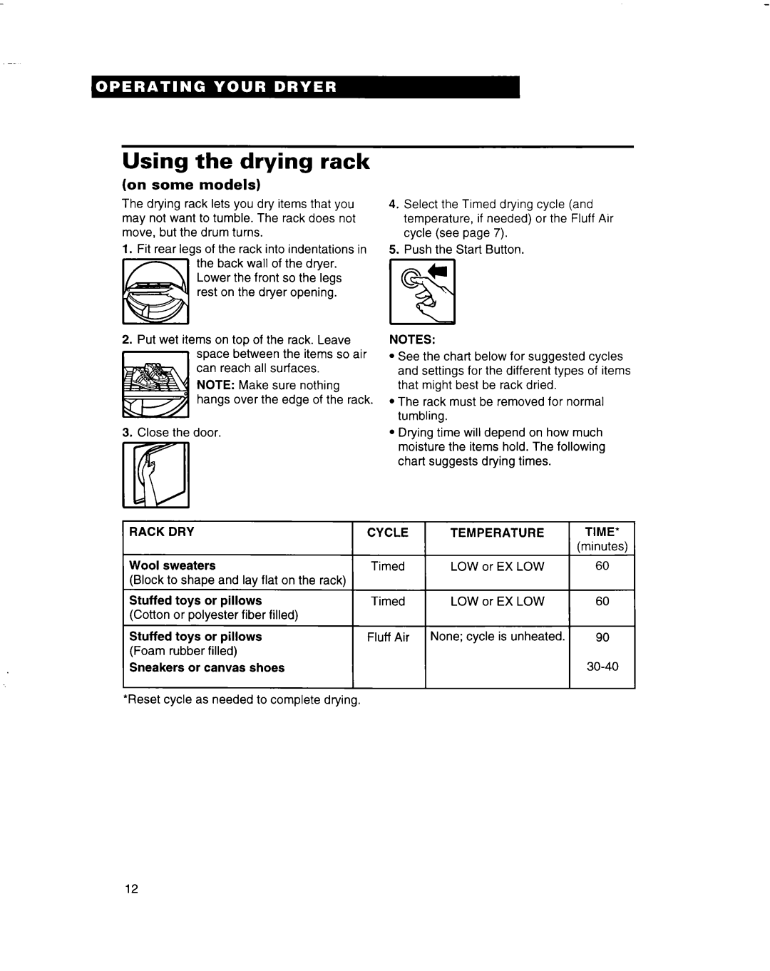 Whirlpool 3401092 warranty Using the drying rack, Rack DRY Cycle Temperature Time, Wool sweaters 