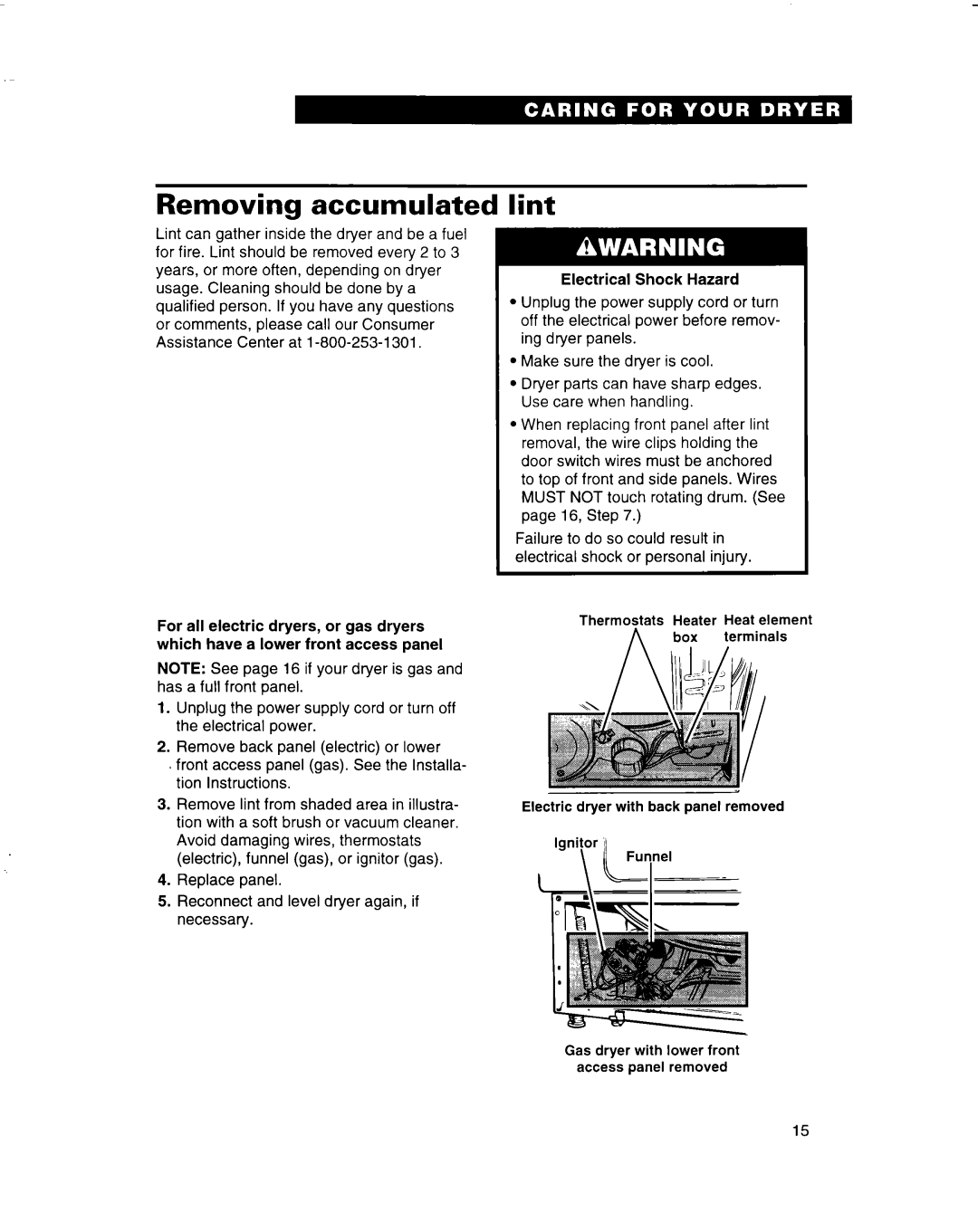 Whirlpool 3401092 warranty Removing accumulated, Lint, Electrical Shock Hazard 