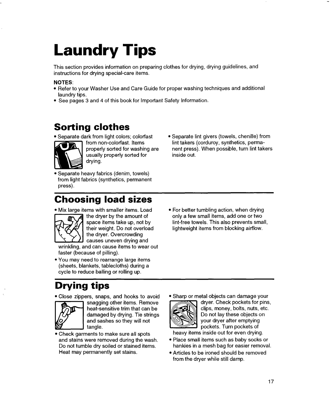 Whirlpool 3401092 warranty Sorting clothes, Choosing load sizes, Drying tips 