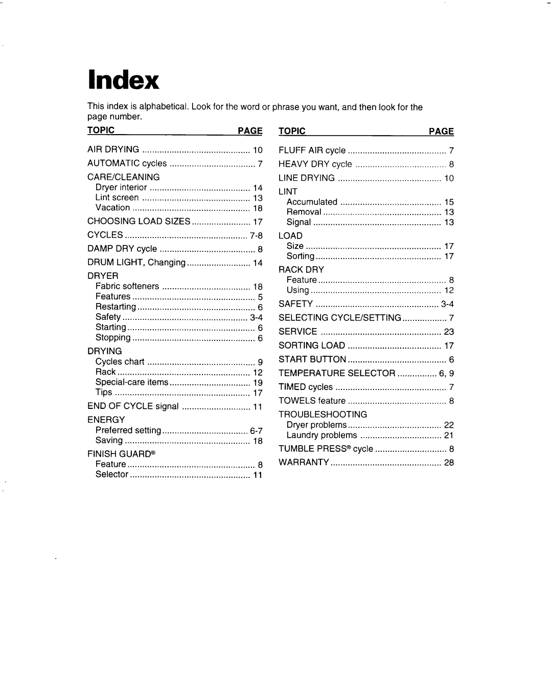 Whirlpool 3401092 warranty Index, Topic 