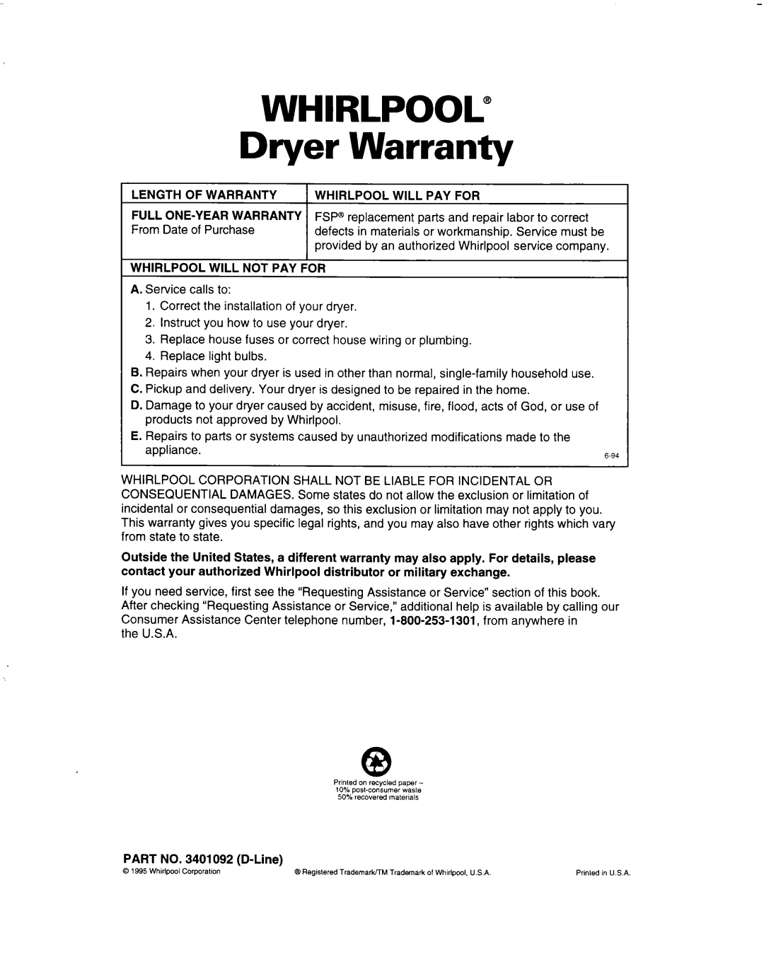 Whirlpool 3401092 warranty Whirlpoou, Length of Warranty Whirlpool will PAY for 