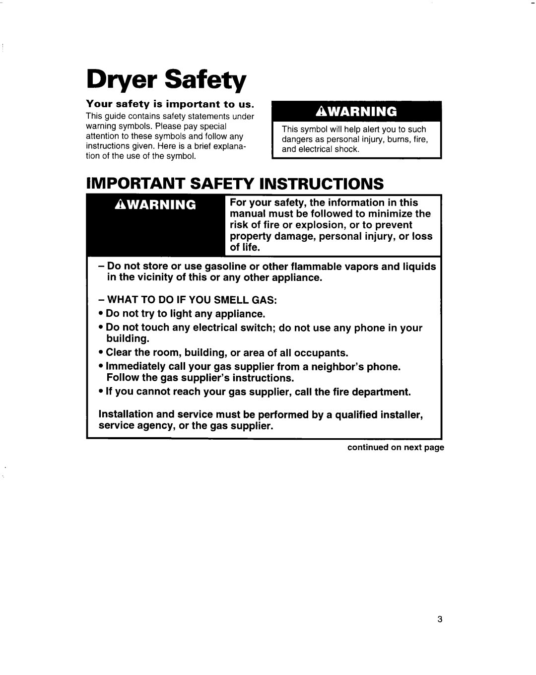 Whirlpool 3401092 warranty Your safety is important to us, On next 