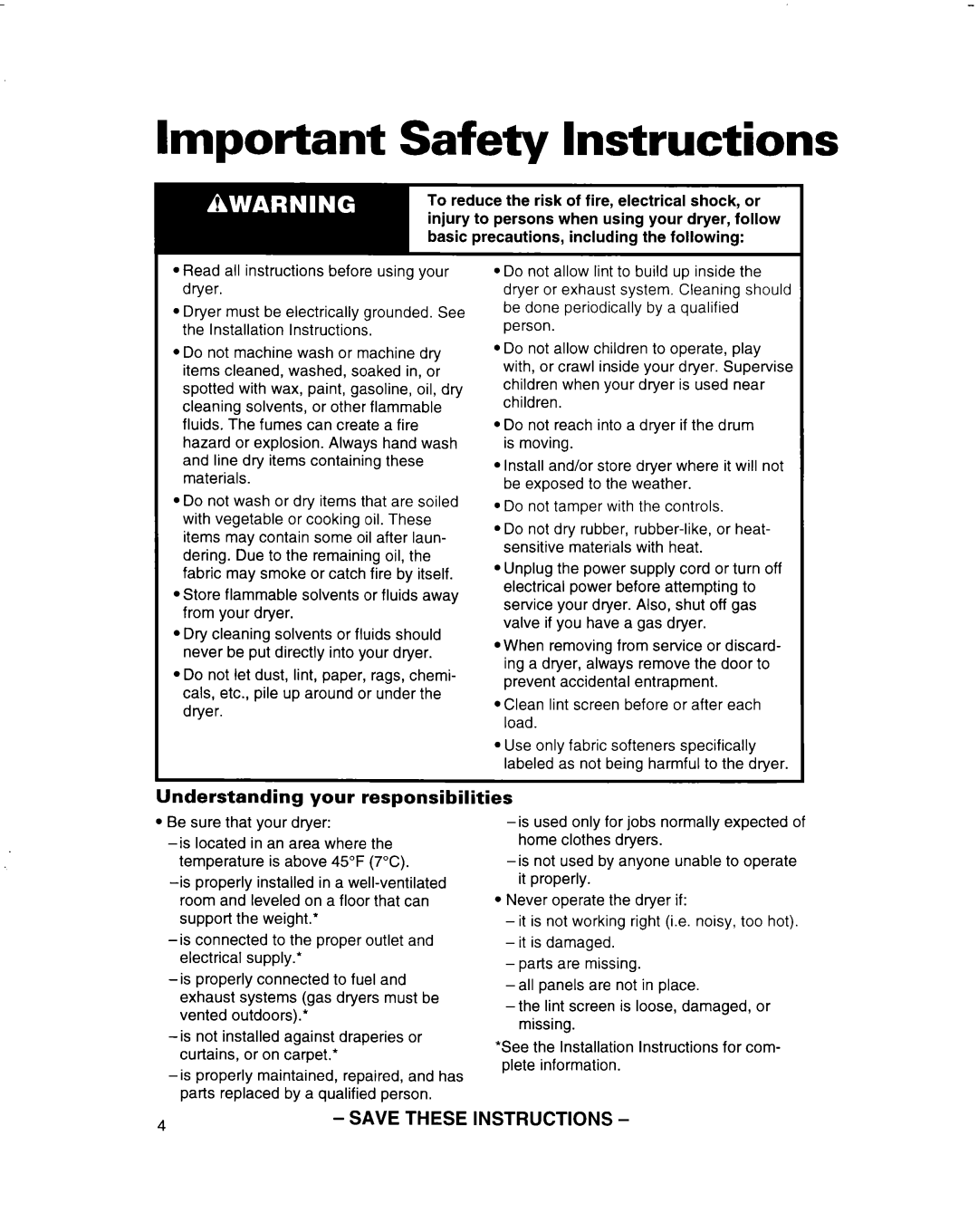 Whirlpool 3401092 warranty Important Safety Instructions, Understanding your responsibilities 