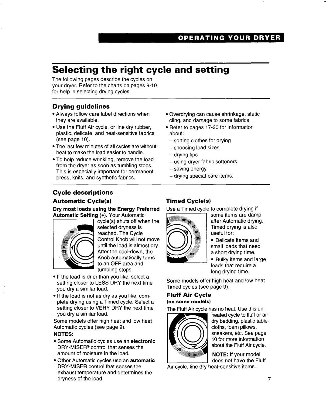 Whirlpool 3401092 warranty Selecting the right cycle and setting, Drying guidelines, Timed Cycles, Some items are clamp 