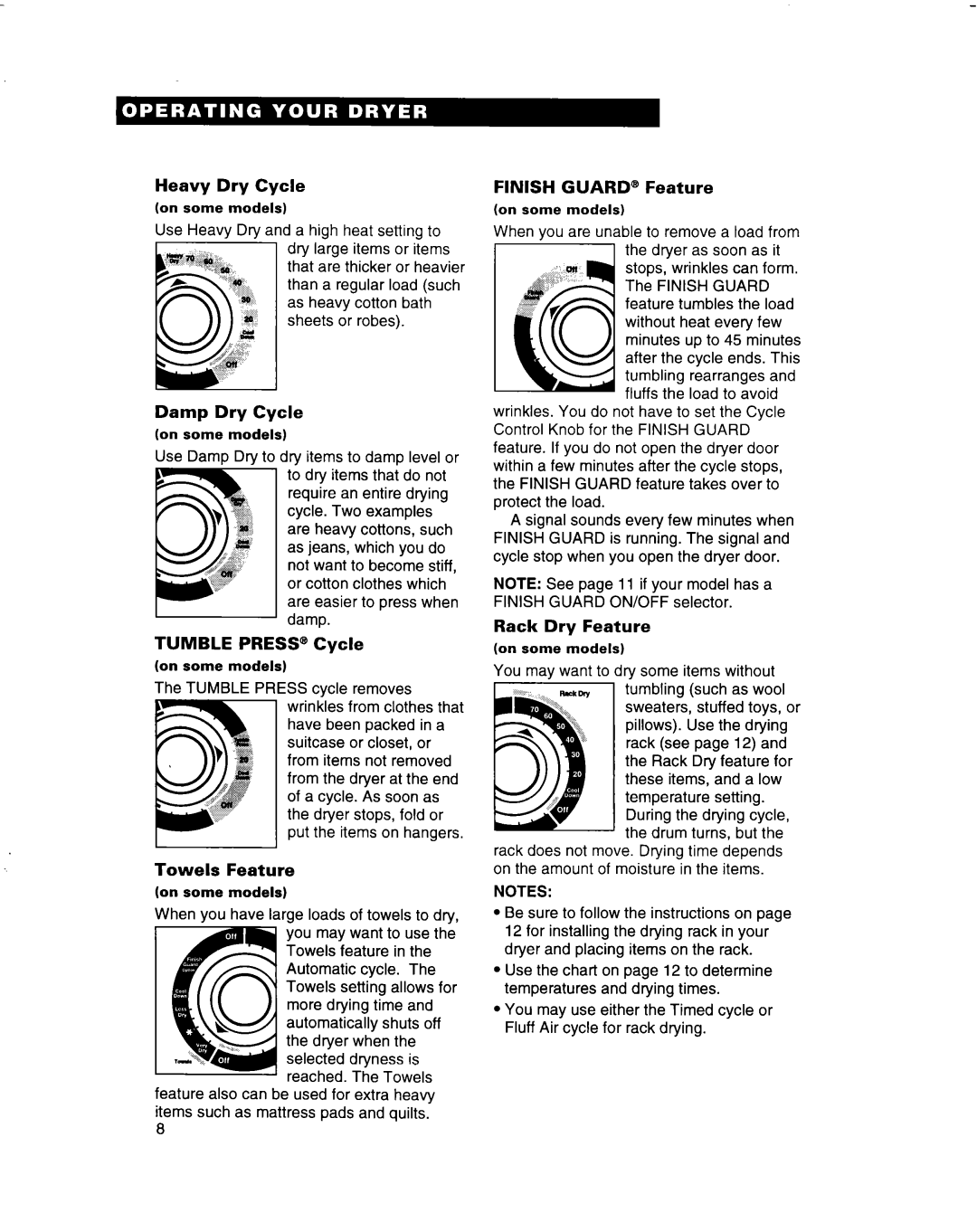 Whirlpool 3401092 Heavy Dry Cycle, Damp Dry Cycle, Tumble Press Cycle On some models, Towels Feature On some models 