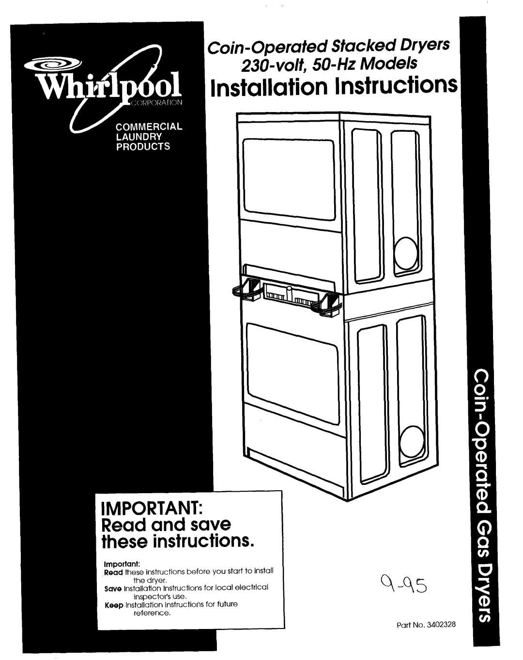 Whirlpool 3402328 manual Instructions, Stacked Dryers -Hz Models 