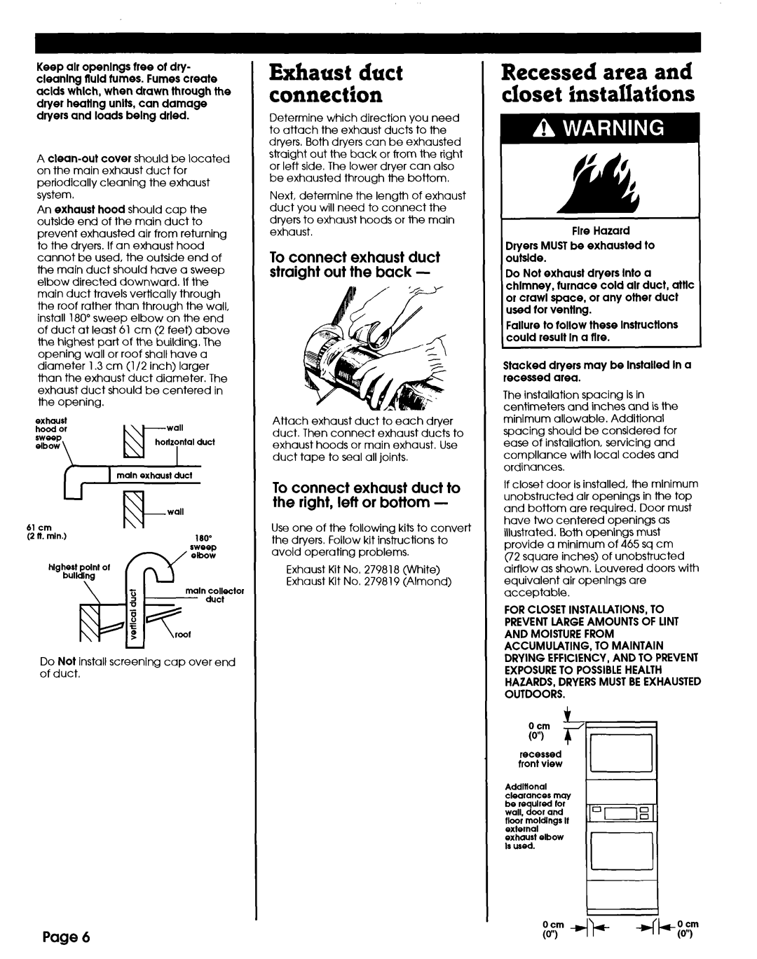 Whirlpool 3402328 manual Recessed area and closet installations, To connect exhaust duct straight out the back, It yoy q 