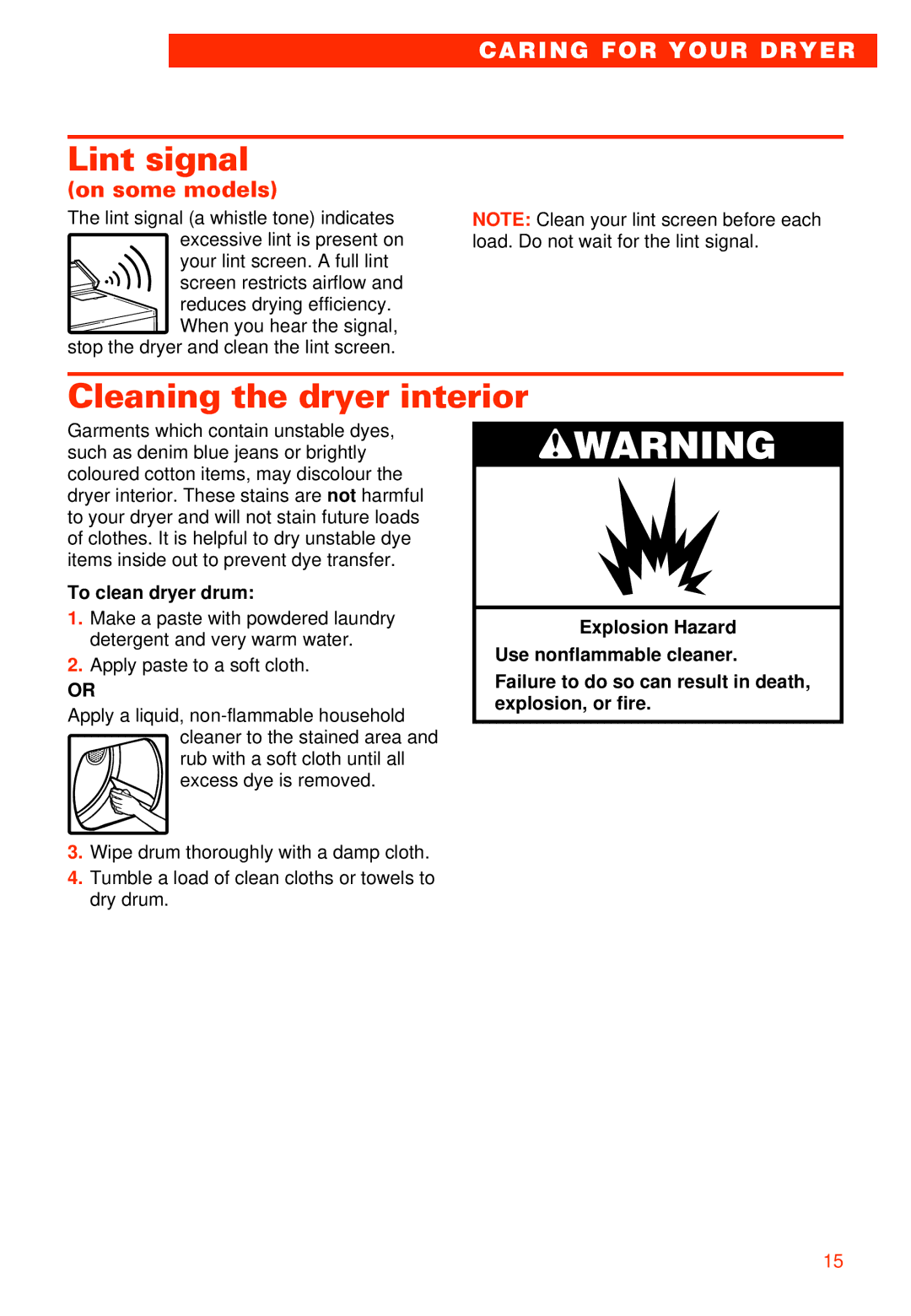 Whirlpool 3405792 manual Lint signal, Cleaning the dryer interior 