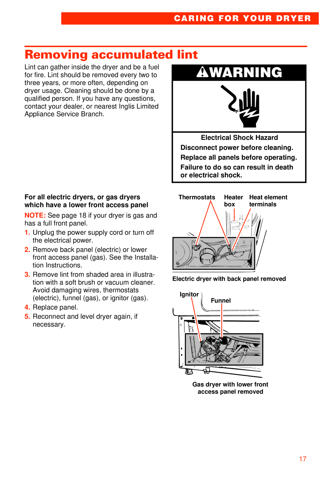 Whirlpool 3405792 manual Removing accumulated lint 