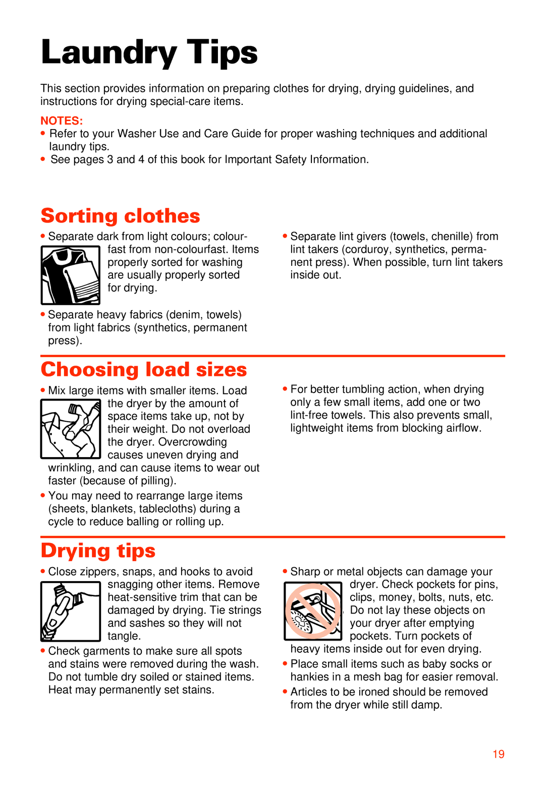 Whirlpool 3405792 manual Laundry Tips, Sorting clothes, Choosing load sizes, Drying tips 