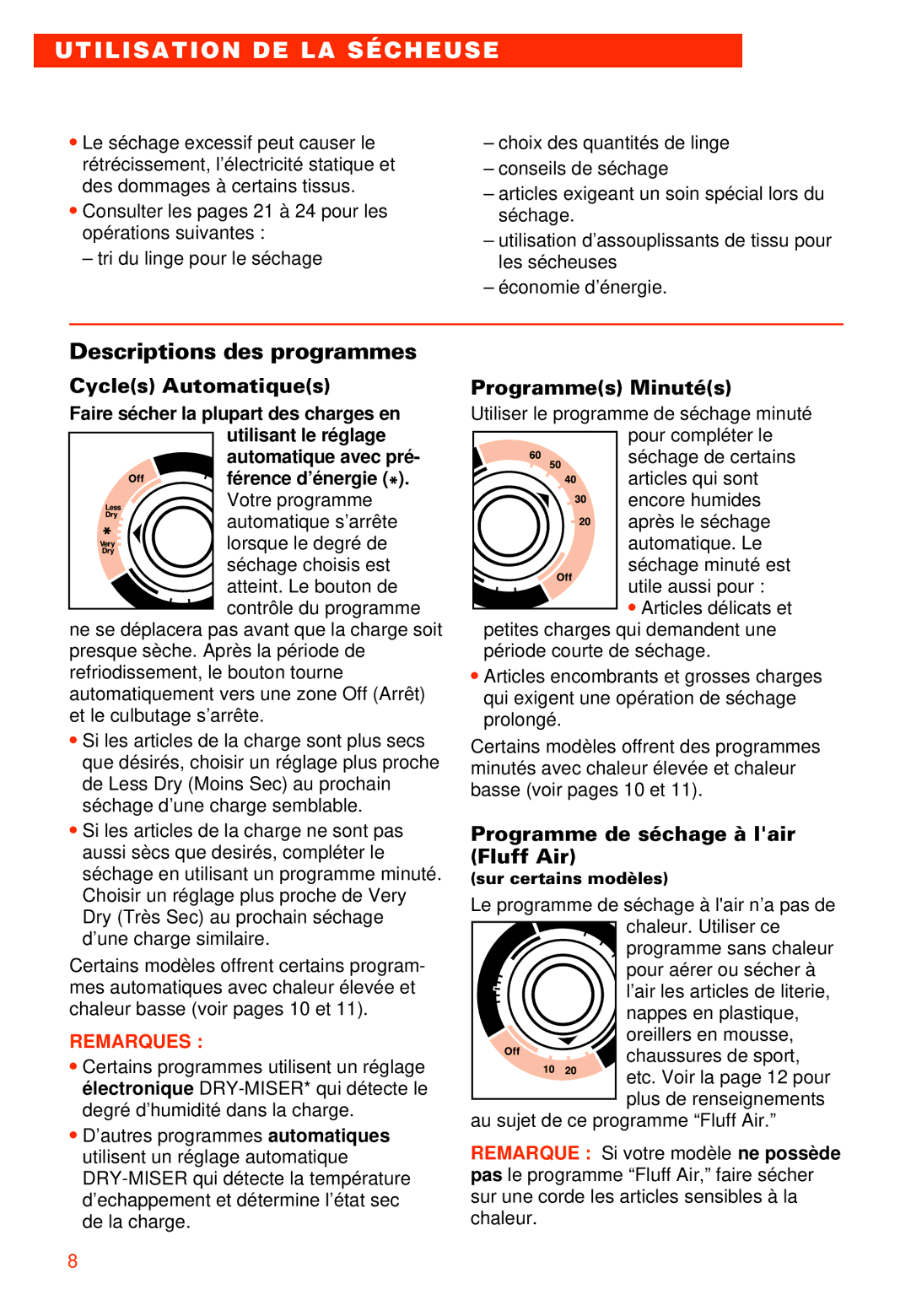 Whirlpool 3405792 manual Descriptions des programmes, Faire sécher la plupart des charges en Utilisant le réglage 