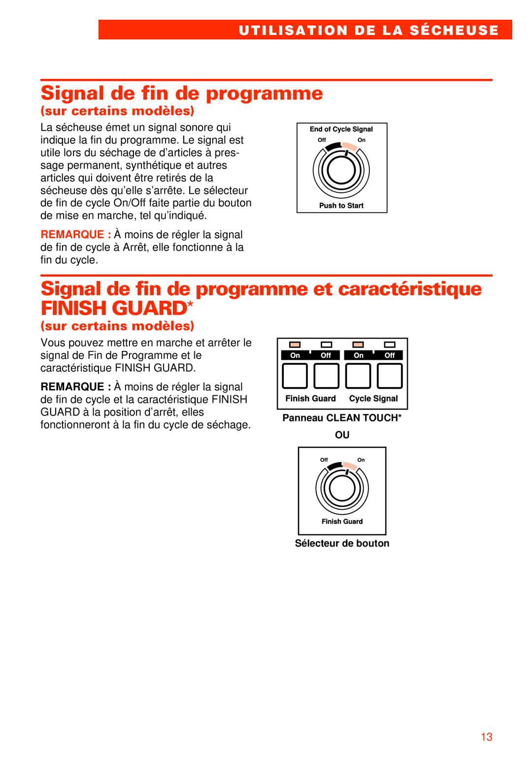 Whirlpool 3405792 manual Signal de fin de programme et caractéristique, Sur certains modèles 