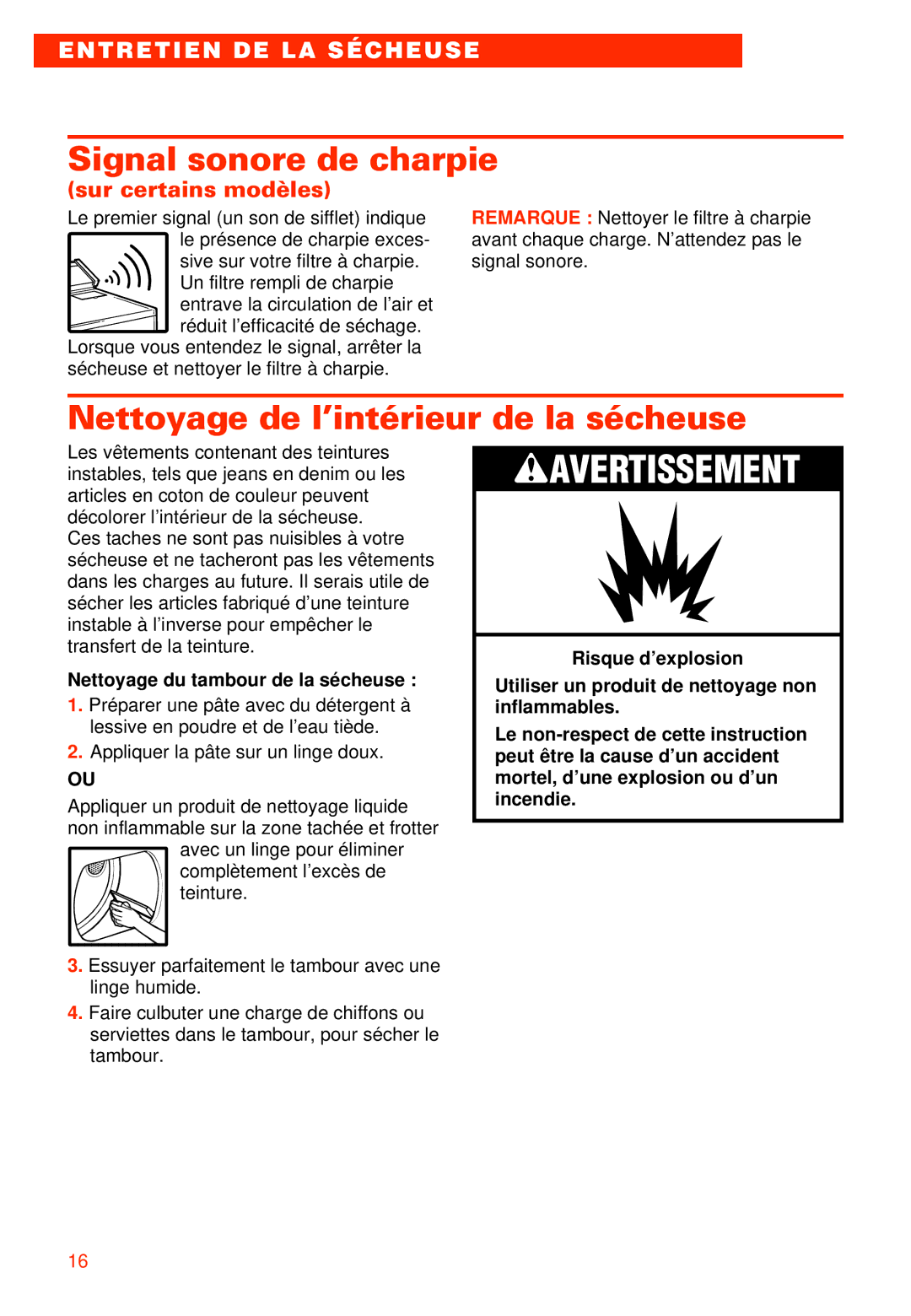 Whirlpool 3405792 Signal sonore de charpie, Nettoyage de l’intérieur de la sécheuse, Nettoyage du tambour de la sécheuse 