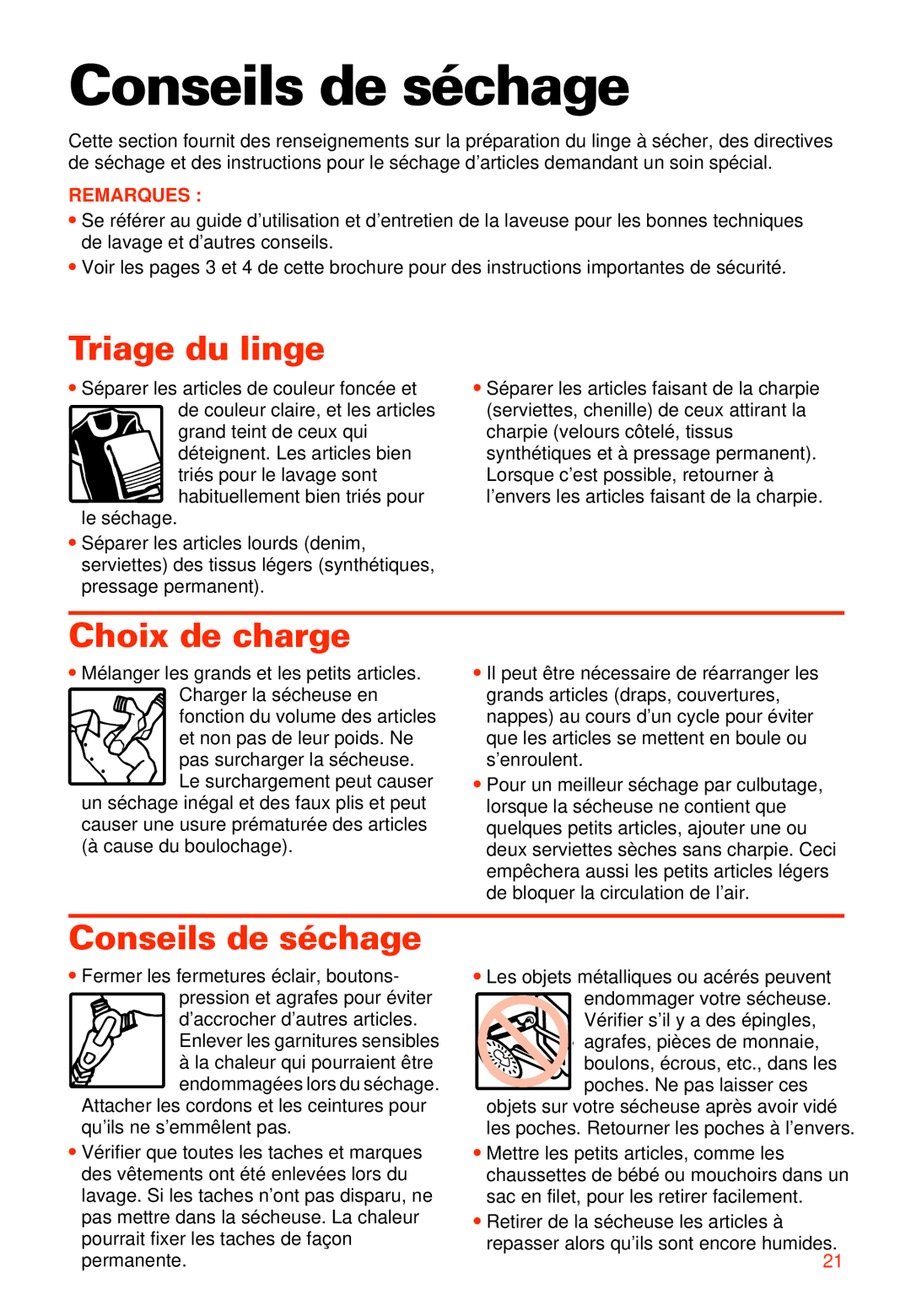 Whirlpool 3405792 manual Conseils de séchage, Triage du linge, Choix de charge 