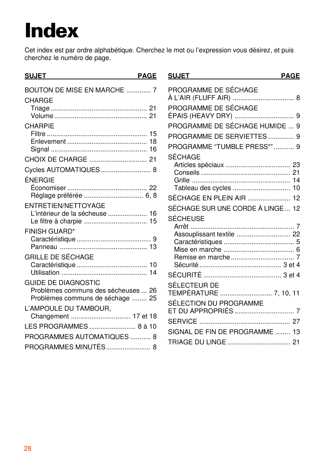 Whirlpool 3405792 manual Sujet, Séchage 