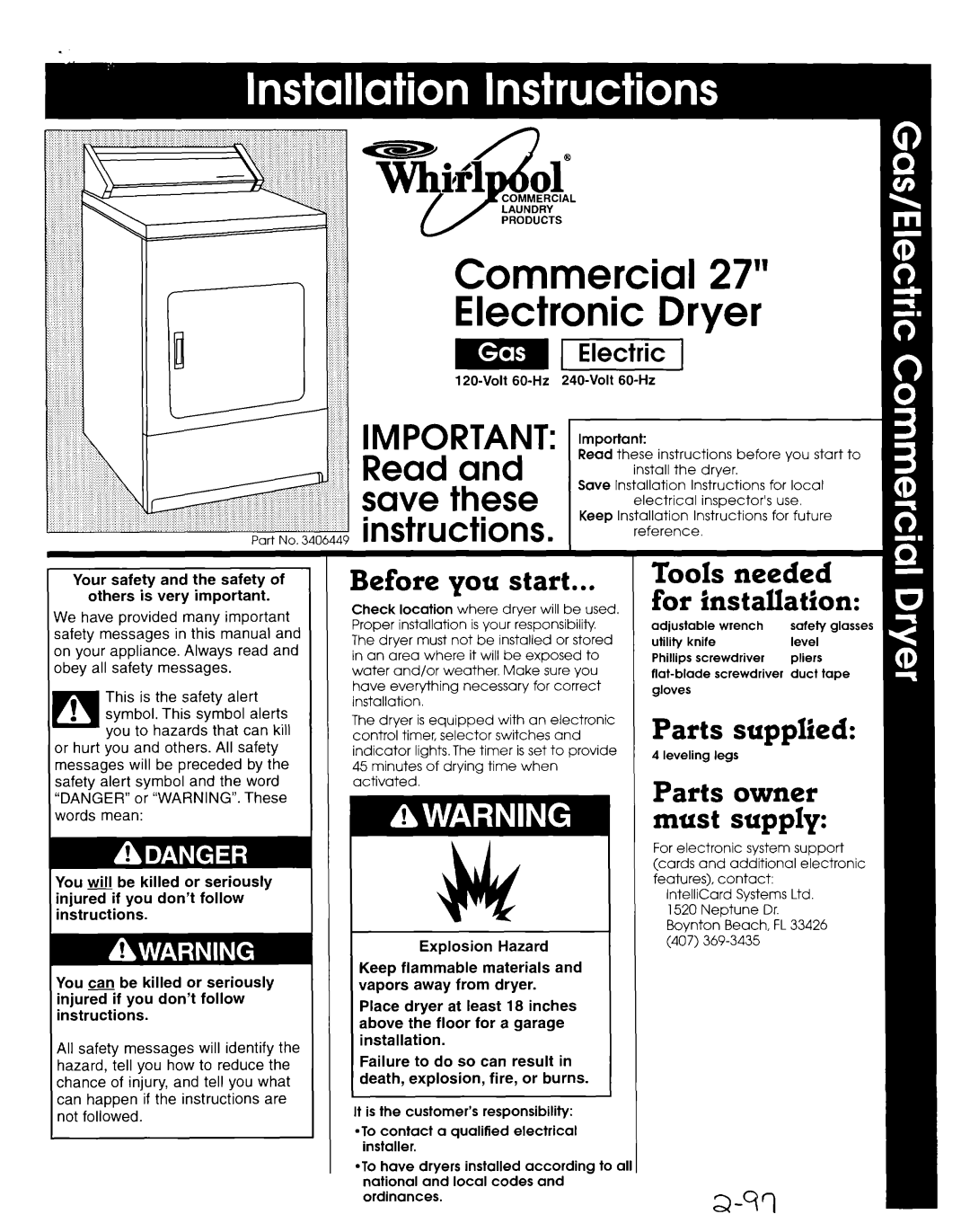 Whirlpool 3406449 installation instructions These, Before you start, Parts supplied, Parts owner must supply 