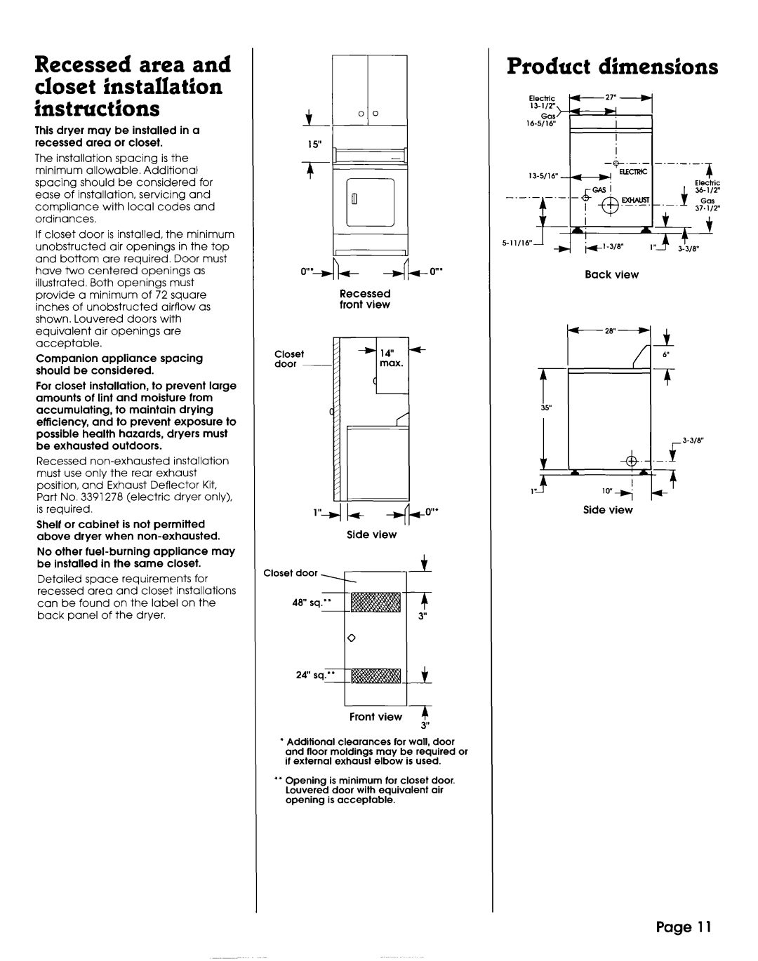 Whirlpool 3406449 installation instructions Product dimensions, Recessed area and closet installation instructjrons 