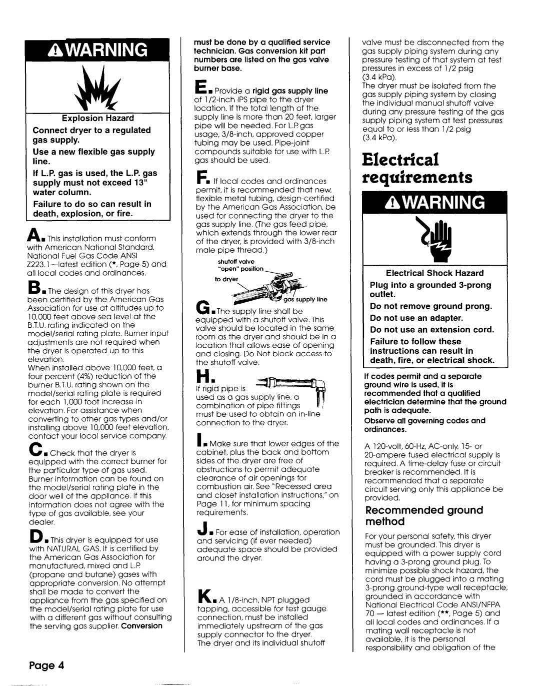 Whirlpool 3406449 installation instructions Electrical requirements, Recommended Ground Method 