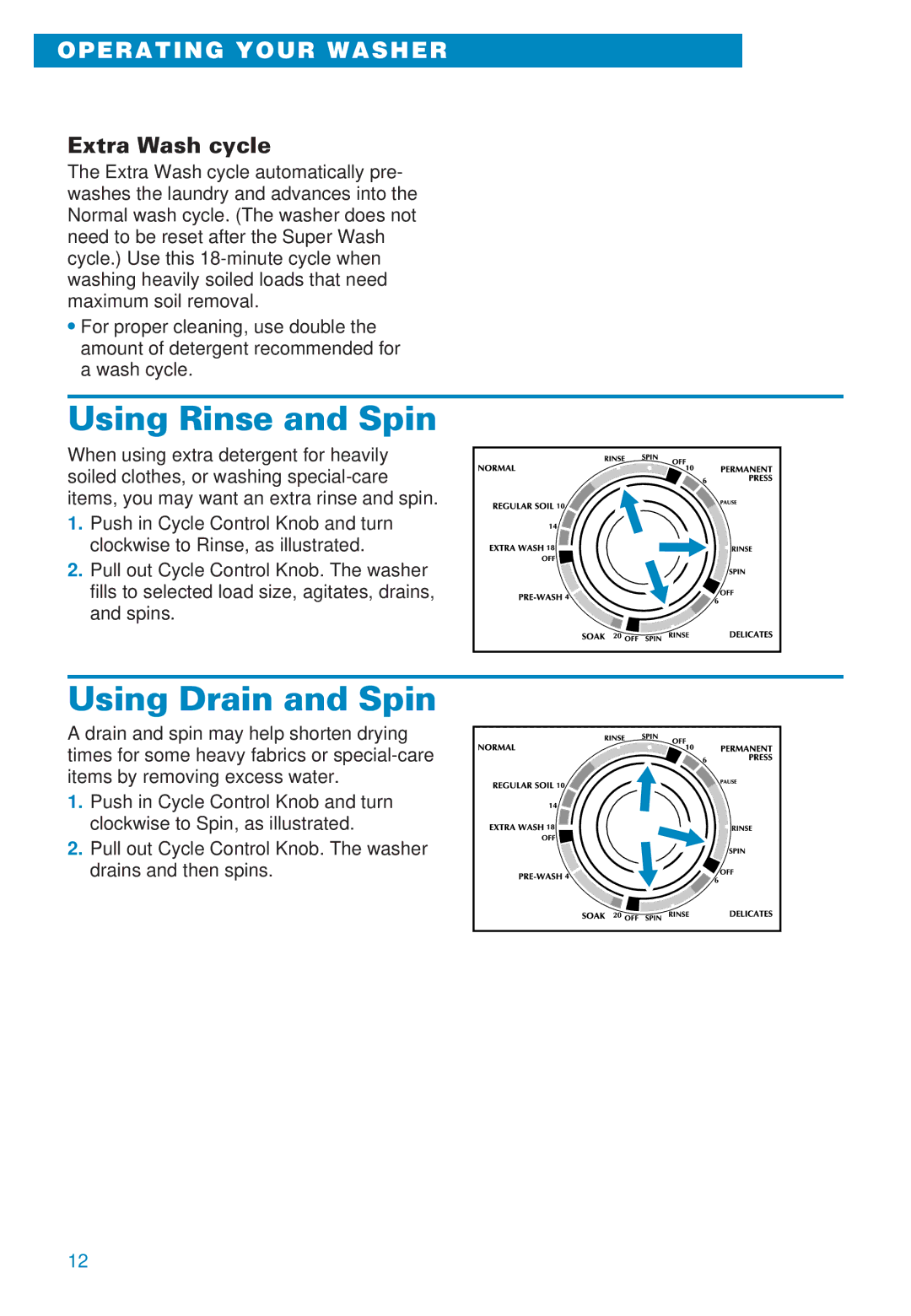 Whirlpool 3406874 warranty Using Rinse and Spin, Using Drain and Spin, Extra Wash cycle 