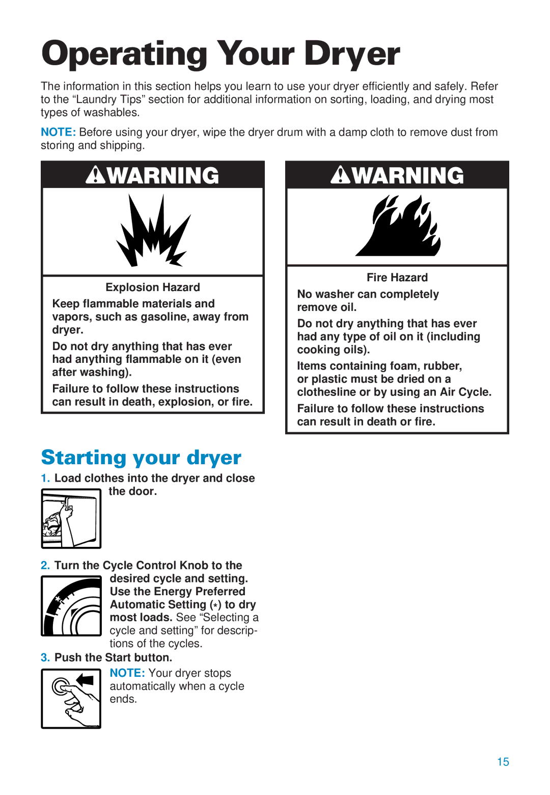 Whirlpool 3406874 warranty Operating Your Dryer, Starting your dryer 